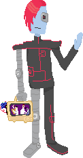 A simple pixel art drawing of a blue person, with his right arm, left leg, and left eye all replaced with cybernetic components. He holds a small yellow tv that depicts John Linnell and John Flansburgh