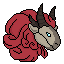 A pixel art image of a dragon's head. The dragon is a warm gray and has a large curly mane of pink hair